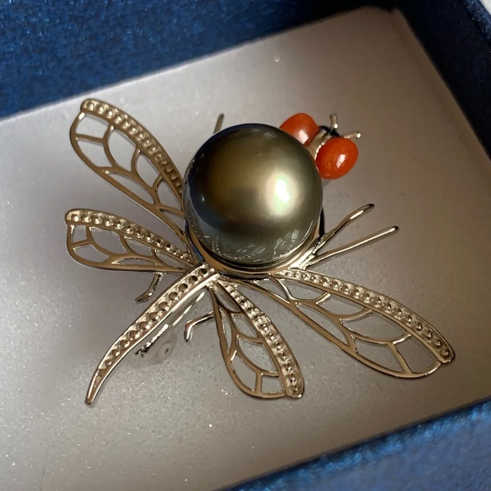 Tahitian Pearl & Red Jade Dragonfly Pendant/Brooch